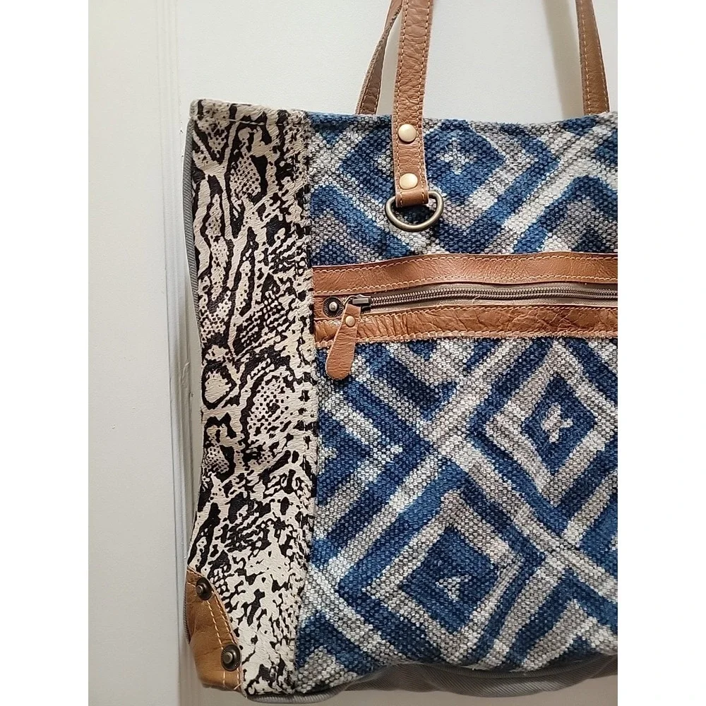 Myra Bag Upcycled Tote Large Purse Repurposed Boho Chic Canvas & Leather